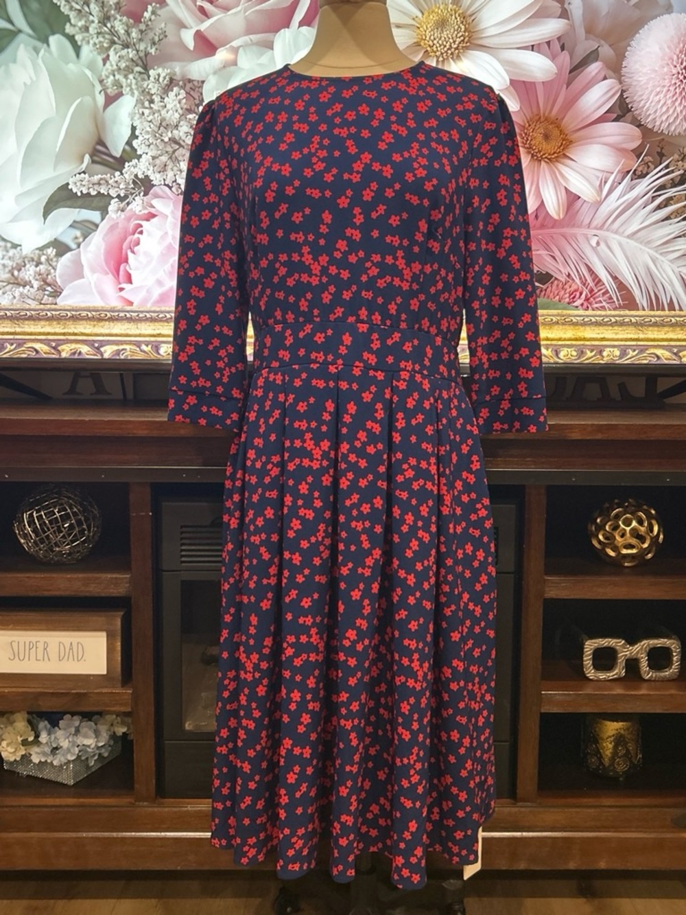Women's Navy Midi Dress with Red Floral Print - Elegant Fit & Flare